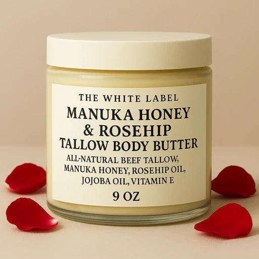 White Label Manuka Honey & Rosehip Tallow Body Butter (2oz / 9oz) – All-Natural, Customizable Skincare | Private Label by May’s Naturals